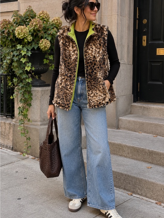 Susan Bristol Jackets & Blazers - Reversible Leopard Faux Fur Lime Green Zip Vest Statement Y2K